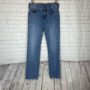 True Religion Mens Geno Relaxed Slim Jeans size 29 Light Wash Distressed Hem